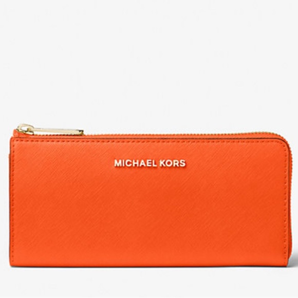 Michael Kors Handbags - Michael Kors Jet Set Travel Large Saffiano Leather Quarter Zip Wallet in Poppy